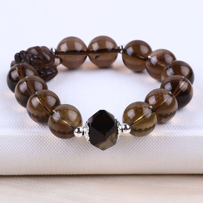 14mm Perlen Rauchquarz Kristall Perlen Armband mit neun Schwanz Fuchs Schnitzerei