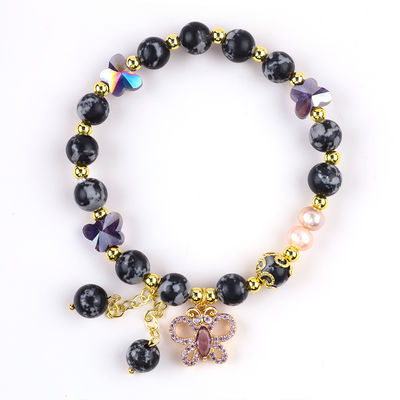 8mm Heilstein Naturstein Schneeflocke Obsidian mit lila Schmetterling Charm Perlen Armband