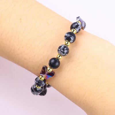 8mm Heilstein Naturstein Schneeflocke Obsidian mit lila Schmetterling Charm Perlen Armband