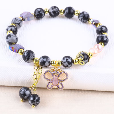 8mm Heilstein Naturstein Schneeflocke Obsidian mit lila Schmetterling Charm Perlen Armband