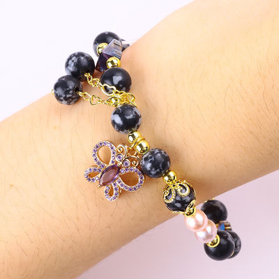 8mm Heilstein Naturstein Schneeflocke Obsidian mit lila Schmetterling Charm Perlen Armband