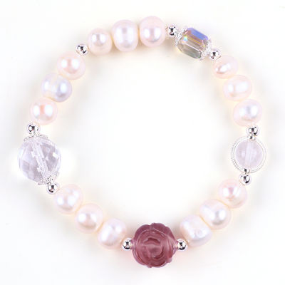 Natürliches Süßwasser Perlen Armband Elastisch mit Lila Fluorit Rose Blume Schnitzerei