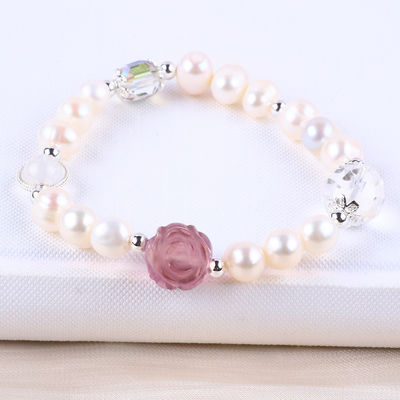 Natürliches Süßwasser Perlen Armband Elastisch mit Lila Fluorit Rose Blume Schnitzerei
