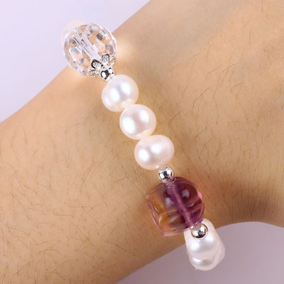 Natürliches Süßwasser Perlen Armband Elastisch mit Lila Fluorit Rose Blume Schnitzerei