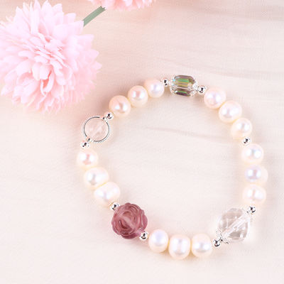 Natürliches Süßwasser Perlen Armband Elastisch mit Lila Fluorit Rose Blume Schnitzerei