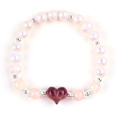 8MM Pink Frischwasser Perle Stretch Armband Herz Kristall Schnitzerei