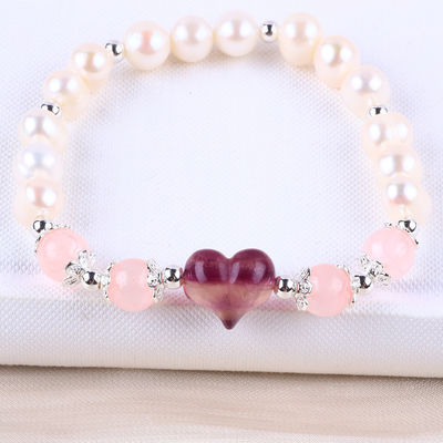 8MM Pink Frischwasser Perle Stretch Armband Herz Kristall Schnitzerei