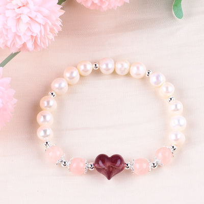 8MM Pink Frischwasser Perle Stretch Armband Herz Kristall Schnitzerei