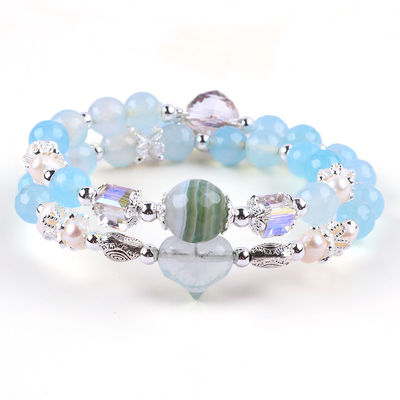 8 mm mehrfaches Blau-Agat-Rundform-Perlen und weißes Süßwasser-Perlen-Verstellbares Armband