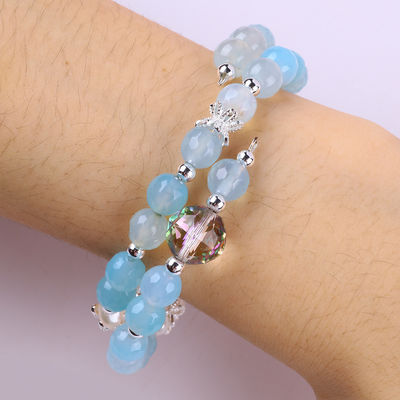 8 mm mehrfaches Blau-Agat-Rundform-Perlen und weißes Süßwasser-Perlen-Verstellbares Armband