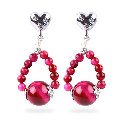 Handgefertigte Kristallstein Ohrringe Rose Rotes Tiger Auge Edelstein Perlen Herz Charms Anhänger Ohrringe