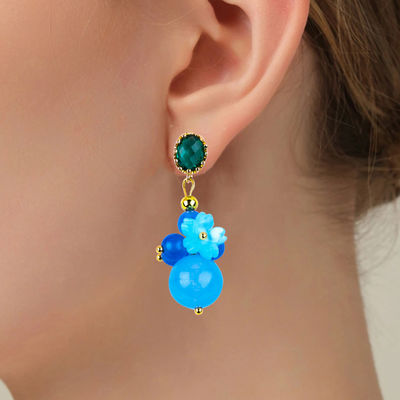 Blauer Chalcedon-Kristall Handgefertigt DIY Ovalen Anhänger Bead Stud Ohrringe geeignet für tägliches Tragen