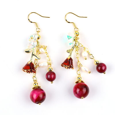 10MM 8MM Rose Rot Tiger-Auge Kristall Und Weiße Perle Mit Rose Flower Dangle Lange Ohrringe Für Party Und Alltags tragen