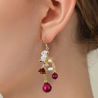 10MM 8MM Rose Rot Tiger-Auge Kristall Und Weiße Perle Mit Rose Flower Dangle Lange Ohrringe Für Party Und Alltags tragen