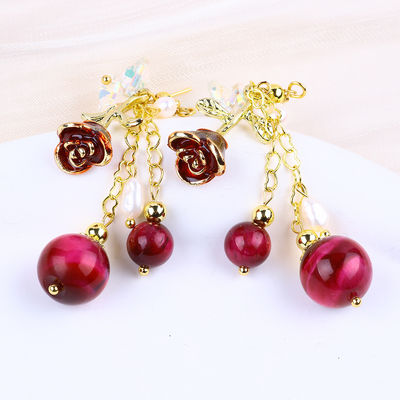 10MM 8MM Rose Rot Tiger-Auge Kristall Und Weiße Perle Mit Rose Flower Dangle Lange Ohrringe Für Party Und Alltags tragen