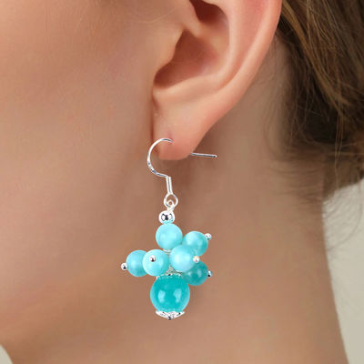 Handgefertigte Licht See Blaue Jade Heilung spirituelle runde Perle Blume Dangle Ohrring für Schmuck Geschenk