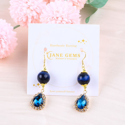 Custom 12mm Kristallstein Blau Tiger Auge mit blau funkelndem Tränen Tropfen Charme Kurzer Ohrring zum Geschenken