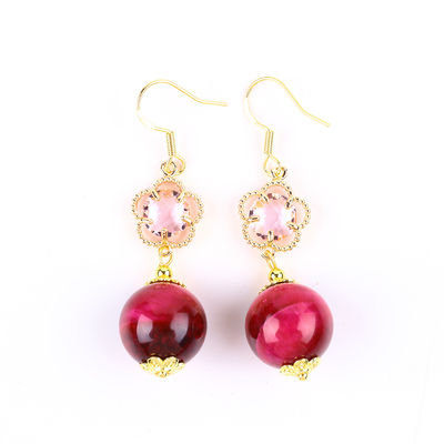 14MM Rose Rot Tiger Auge Mit Rosa Blumen Charme Runde Form Kurz Tropfen Ohrringe Für Party Geschenk