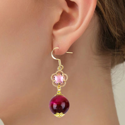 14MM Rose Rot Tiger Auge Mit Rosa Blumen Charme Runde Form Kurz Tropfen Ohrringe Für Party Geschenk