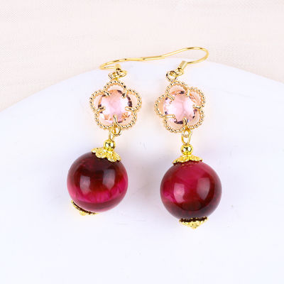 14MM Rose Rot Tiger Auge Mit Rosa Blumen Charme Runde Form Kurz Tropfen Ohrringe Für Party Geschenk