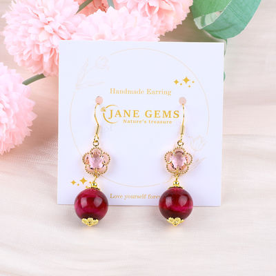 14MM Rose Rot Tiger Auge Mit Rosa Blumen Charme Runde Form Kurz Tropfen Ohrringe Für Party Geschenk