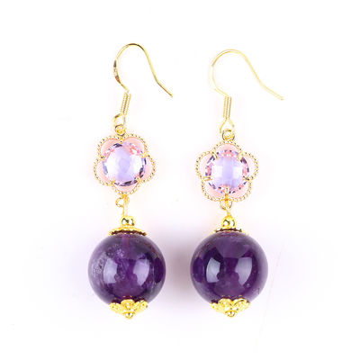 Handgefertigt Amethyst Naturkristall 14MM Große runde Form Perlen kurzer Dinkel Ohrring für Schmuck Geschenk