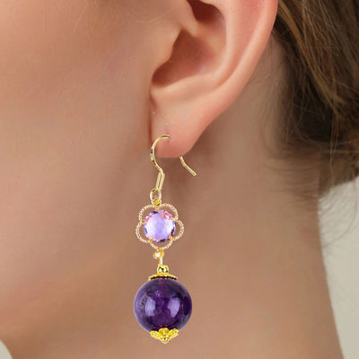 Handgefertigt Amethyst Naturkristall 14MM Große runde Form Perlen kurzer Dinkel Ohrring für Schmuck Geschenk