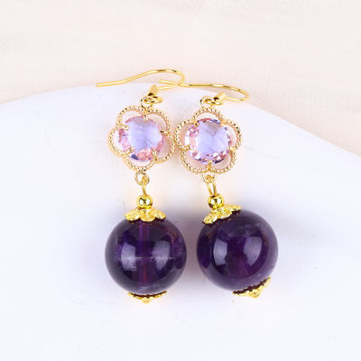 Handgefertigt Amethyst Naturkristall 14MM Große runde Form Perlen kurzer Dinkel Ohrring für Schmuck Geschenk