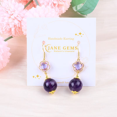Handgefertigt Amethyst Naturkristall 14MM Große runde Form Perlen kurzer Dinkel Ohrring für Schmuck Geschenk