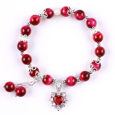 8mm Runder Stein Rose Rottiger-Auge mit Perlen Stretch Armband
