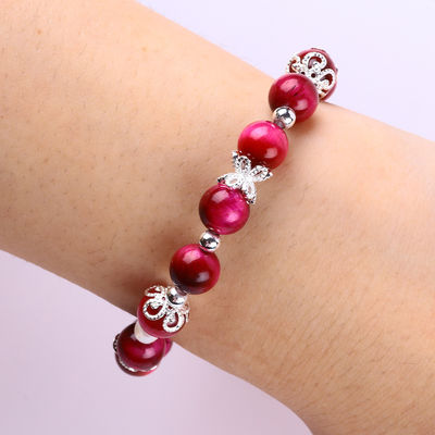 8mm Runder Stein Rose Rottiger-Auge mit Perlen Stretch Armband