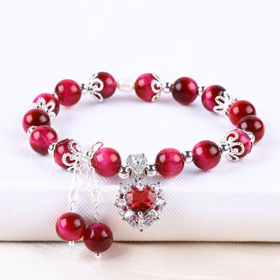 8mm Runder Stein Rose Rottiger-Auge mit Perlen Stretch Armband