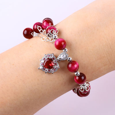 8mm Runder Stein Rose Rottiger-Auge mit Perlen Stretch Armband