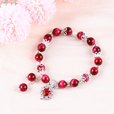 8mm Runder Stein Rose Rottiger-Auge mit Perlen Stretch Armband