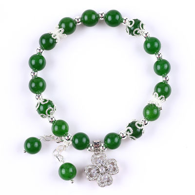 8MM Dunkler grüner Jade Stein mit Spinner Blumen Charme spirituelle Heilung Runde Form Stretch Perlen Armband