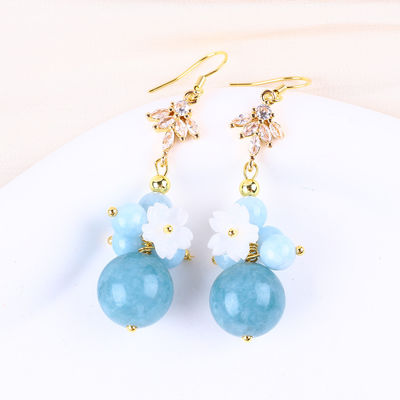 Custom DIY Kristall Aquamarin mit Weißblumen Charme Runde Form Perlen Ohrringe für täglichen Gebrauch