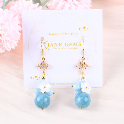 Custom DIY Kristall Aquamarin mit Weißblumen Charme Runde Form Perlen Ohrringe für täglichen Gebrauch