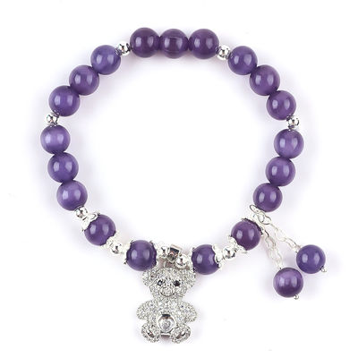 Edelstein Lila Katzen-Auge mit Bären Handgefertigt Runde Form Stretch Perle Armband Für Schmuck Geschenk
