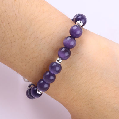 Edelstein Lila Katzen-Auge mit Bären Handgefertigt Runde Form Stretch Perle Armband Für Schmuck Geschenk