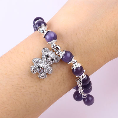 Edelstein Lila Katzen-Auge mit Bären Handgefertigt Runde Form Stretch Perle Armband Für Schmuck Geschenk