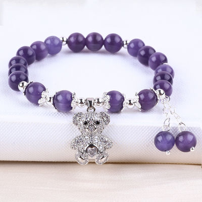 Edelstein Lila Katzen-Auge mit Bären Handgefertigt Runde Form Stretch Perle Armband Für Schmuck Geschenk