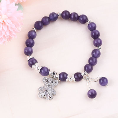 Edelstein Lila Katzen-Auge mit Bären Handgefertigt Runde Form Stretch Perle Armband Für Schmuck Geschenk