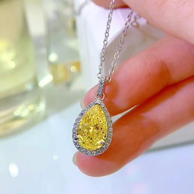 Gelber Edelstein Dekor Wasser Tropfen Anhänger Halskette Mode Zirkon Schmuck