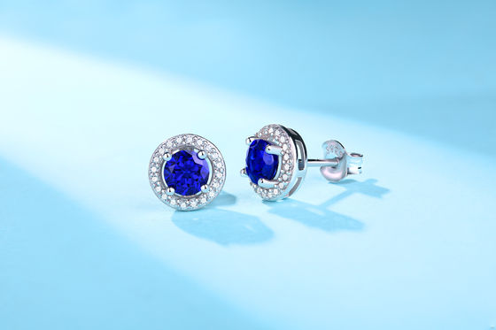 Blau 925 Sterling Silber Zirkon Runder Edelstein Stud Ohrringe zum Geschenken