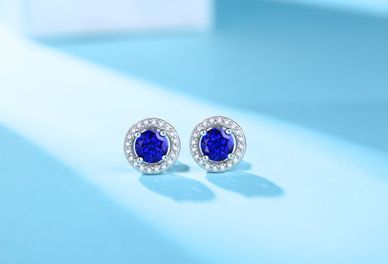 Blau 925 Sterling Silber Zirkon Runder Edelstein Stud Ohrringe zum Geschenken